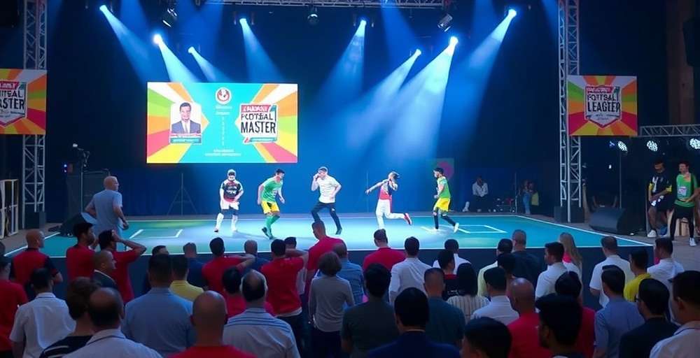 Indian Football League Master tournament event in New Delhi with players competing on stage in front of a large audience