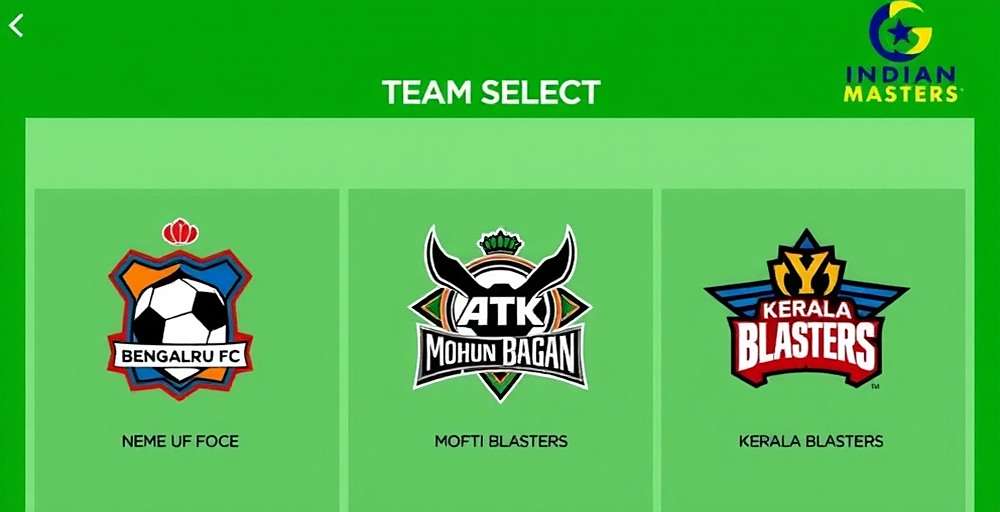 Indian Football League Master team selection screen showing various Indian club logos including Bengaluru FC, ATK Mohun Bagan, and Kerala Blasters