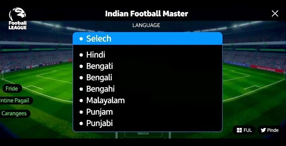 Indian Football League Master language selection screen showing various Indian languages including Hindi, Bengali, Malayalam, and Punjabi